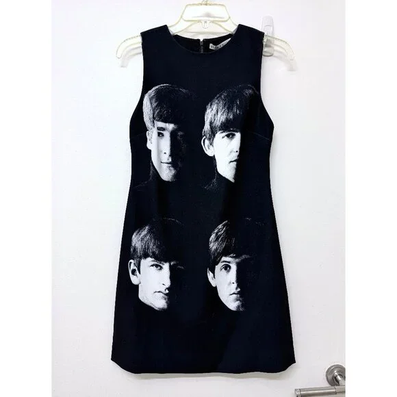 NWT Alice + Olivia The Beatles Clyde Shift Mini Dress Fab Four Portrait Black 0 - Picture 2 of 13